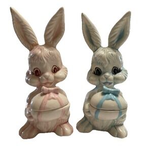 2 Vintage‎ 1977 Ceramic Easter Bunnies Holding Egg's W/Lids.  7" Tall. See Pic's